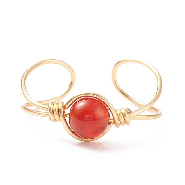 Natural Red Agate Round Beaded Open Cuff Ring