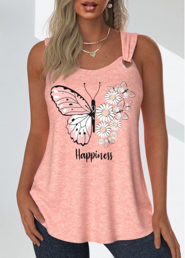 Modlily Dusty Pink Grommet Butterfly Print Sleeveless Tank Top - L