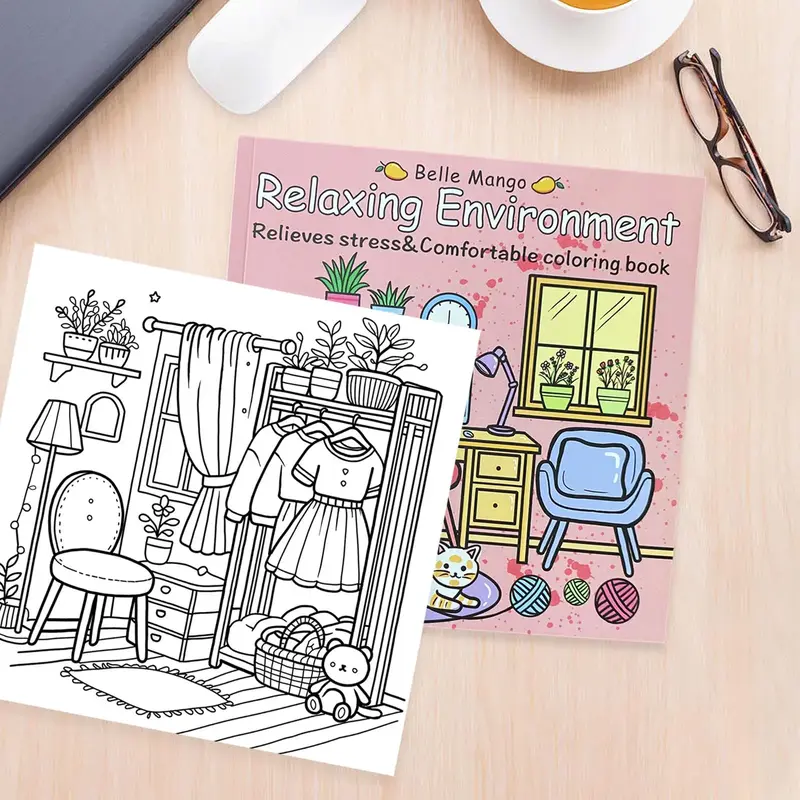 Relaxing Environment: A coloring book, this handmade sketchbook features 40 pages of super cute, cozy, and hygge-inspired spa...