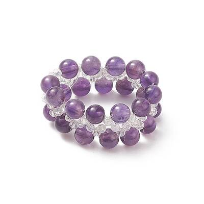Natural Amethyst & Glass Braided Beaded Stretch Ring for Women