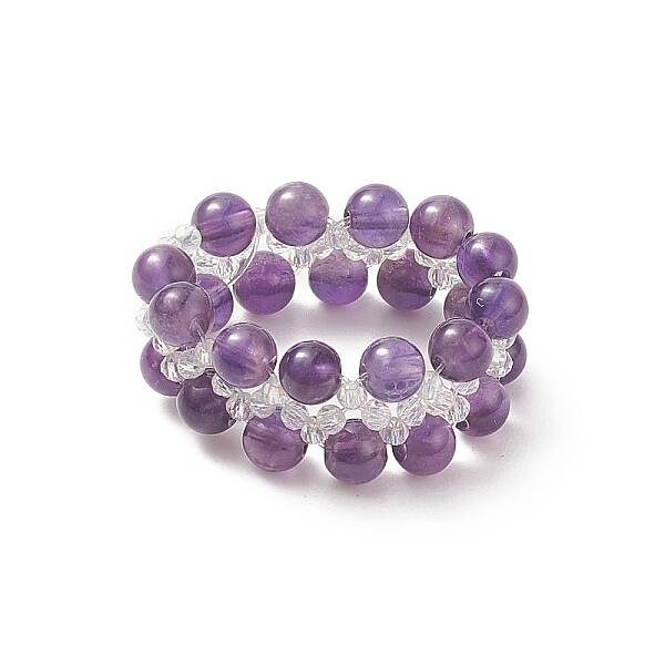 Natural Amethyst & Glass Braided Beaded Stretch Ring for Women
