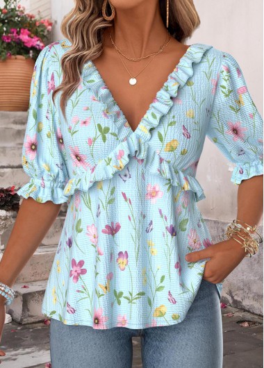 Modlily Light Blue Ruffle Floral Print Half Sleeve Blouse - M