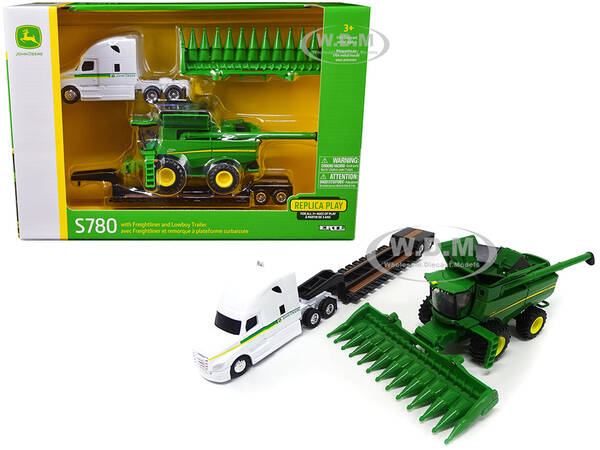 Freightliner Tractor White with Lowboy Trailer and John Deere S780 Wheeled Combine with Corn Head Set of 3 pieces 1/64 Diecas...