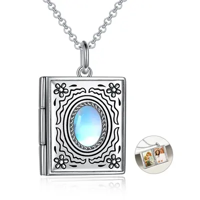 Sterling Silver Oval Moonstone Sunflower Personalized Photo Locket Necklace