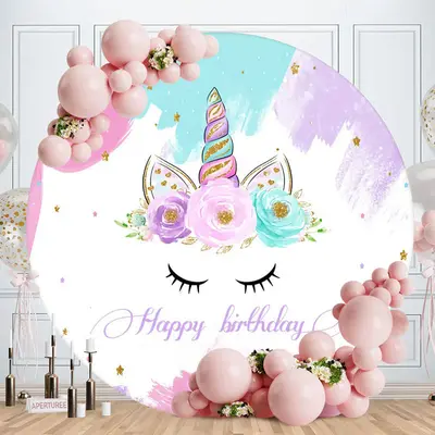 Aperturee Floral And Unicorn Gold Glitter Round Birthday Backdrop
