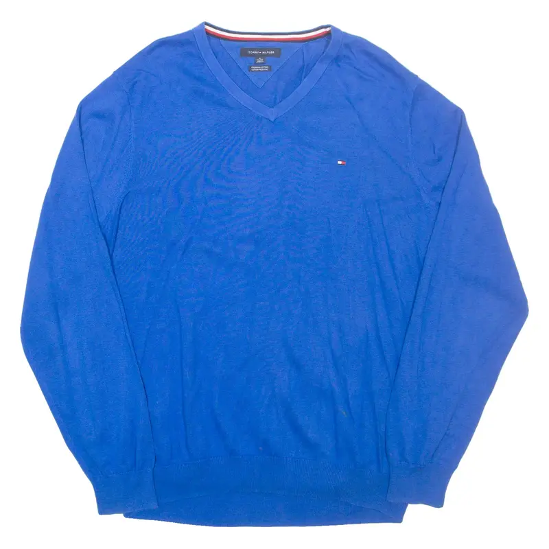 TOMMY HILFIGER Mens Jumper Blue V-Neck Tight Knit XL