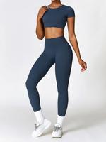 Two-piece Set Women's Solid Round Neck Crop Tee & High Waist Leggings Tracksuit Set, Jogging Suit Set, Sporty Breathable Quic...