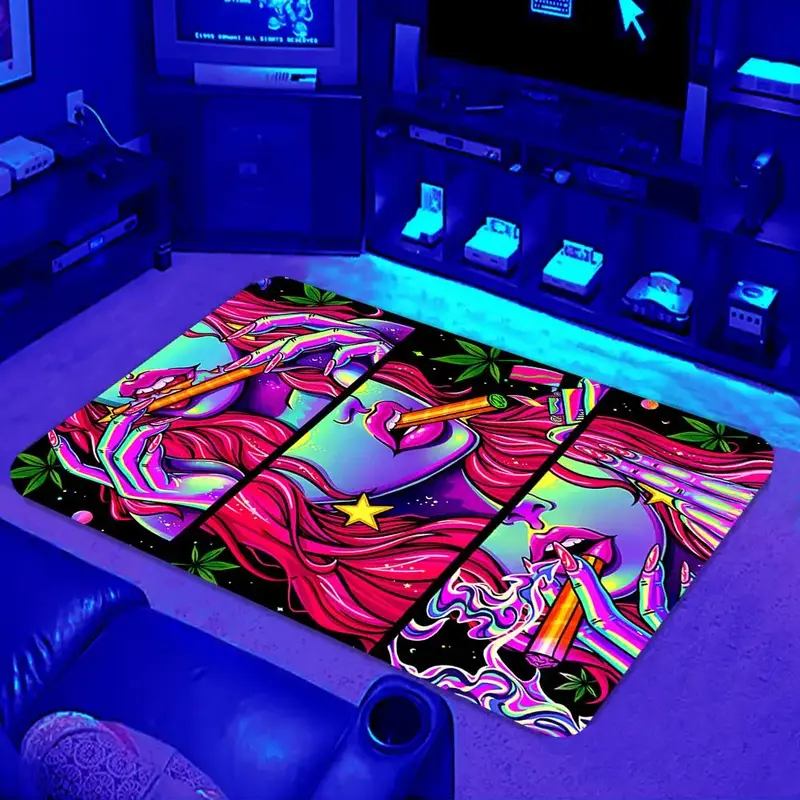 Cool Girl Pattern Rug, Summer Creative UV Light Reactive Non-slip Carpet, Cool Bedroom, Bedroom Decor, Decorative Mat for Liv...