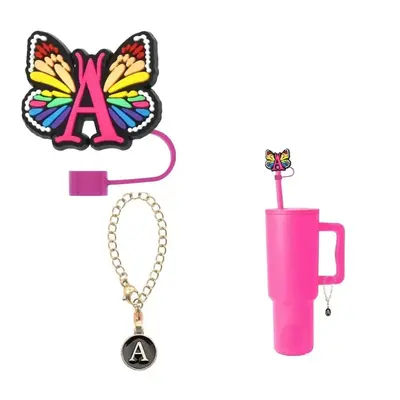 Straw Cover & Initial Letter Charm Name ID Tag Set for Tumbler Cup, Letter Straw Cover*1 & Letter Charm*1, Summer Silicone S...