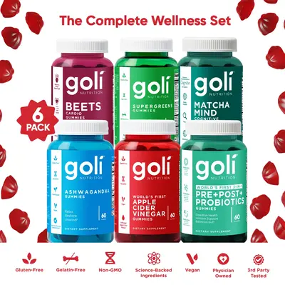 Goli Complete Wellness Bundle (6-Pack) - World's First 3-in-1 Pre, Post, Probiotic, Apple Cider Vinegar & Vitamin B12, Ashwag...