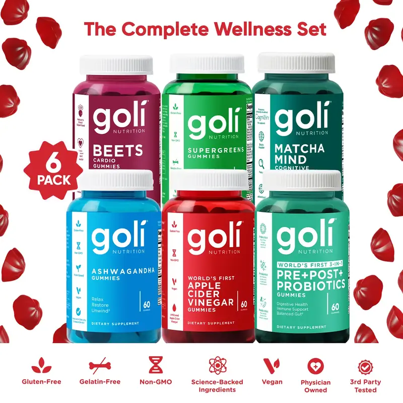 Goli Complete Wellness Bundle (6-Pack) - World's First 3-in-1 Pre, Post, Probiotic, Apple Cider Vinegar & Vitamin B12, Ashwag...