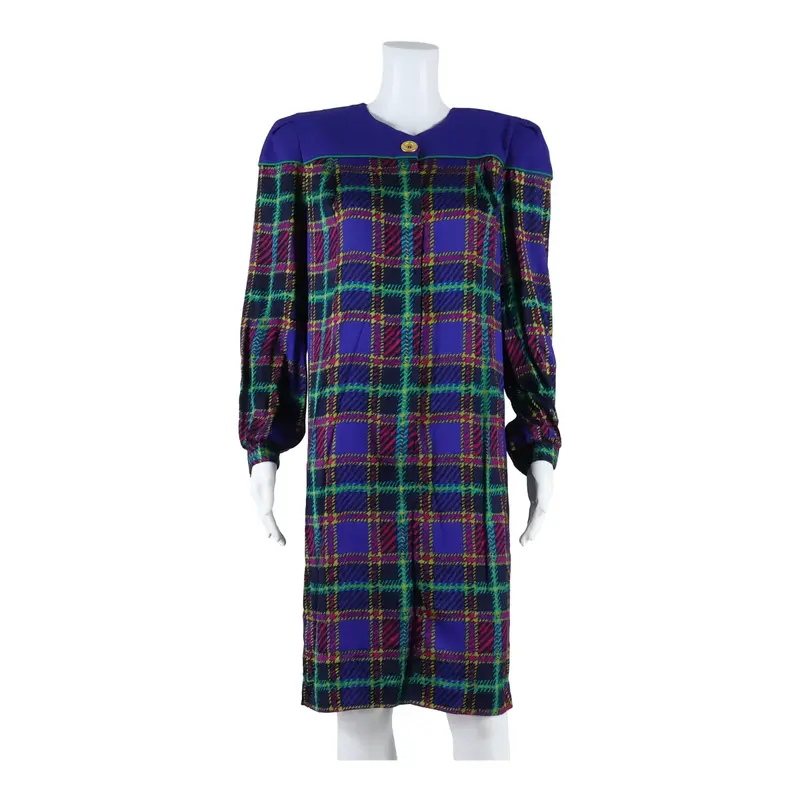 LESLIE FAY Womens Shift Dress Blue Check Long Sleeve Midi UK 10