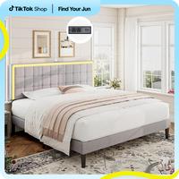 AMERLIFE Modern Bed Frame with RGB LED Lights and Linen Upholstered Headboard, Button Tufted Platform Bed Frame with USB Char...