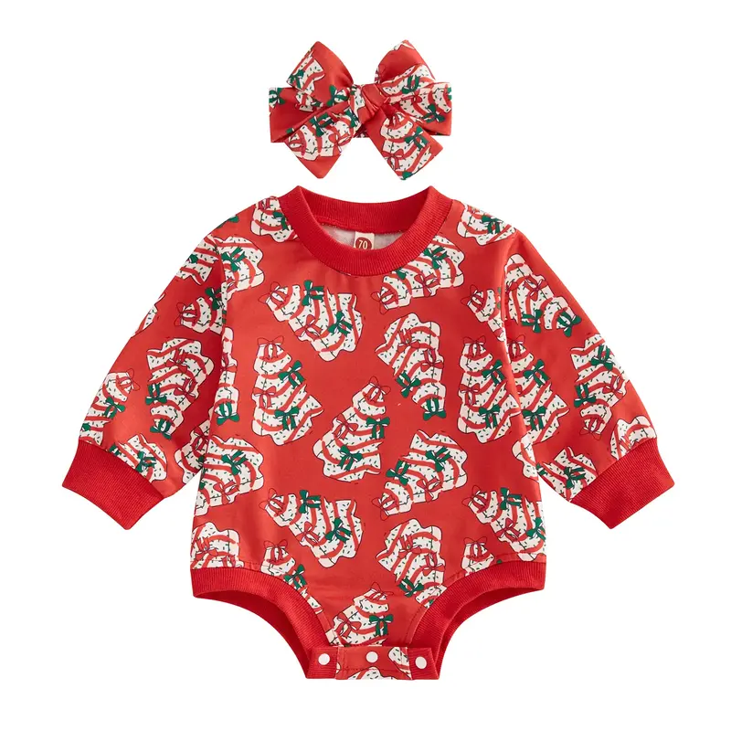 Baby Girls Sweatshirt Romper Christmas Tree Print Long Sleeve Jumpsuits and Cute Headband Set for Toddler Infant Newborn Girl...