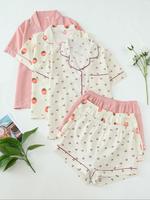 Women's Heart/all Over Fruit Print Contrast Binding Pyjama Set, Cute Short Sleeve Lapel Neck Button Up Top & Elastic Waist Sh...