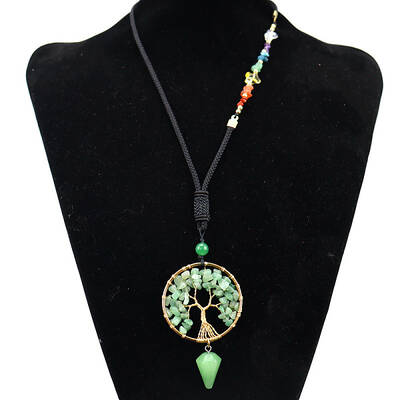 Natural Green Aventurine Chips Tree of Life Pendant Necklace