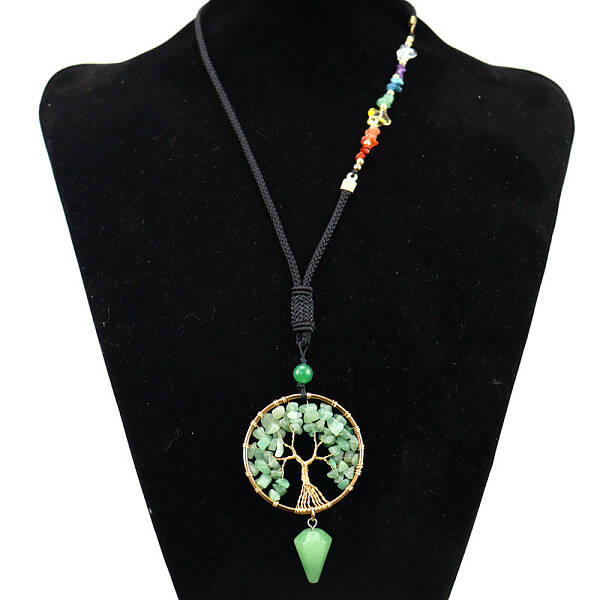 Natural Green Aventurine Chips Tree of Life Pendant Necklace