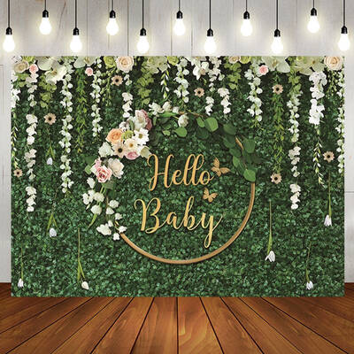 Green Leaves Flowers Hello Baby Shower Backdrop - Aperturee