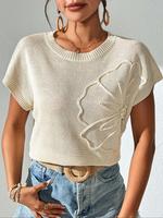Women's Plain Floral Pattern Crew Neck Sweater Pullover, Casual Elegant Short Sleeve Knitting Crewneck Jumper for Summer, Fas...