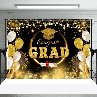 Black Gold Sparkle Champagne Graduation Backdrop - Aperturee