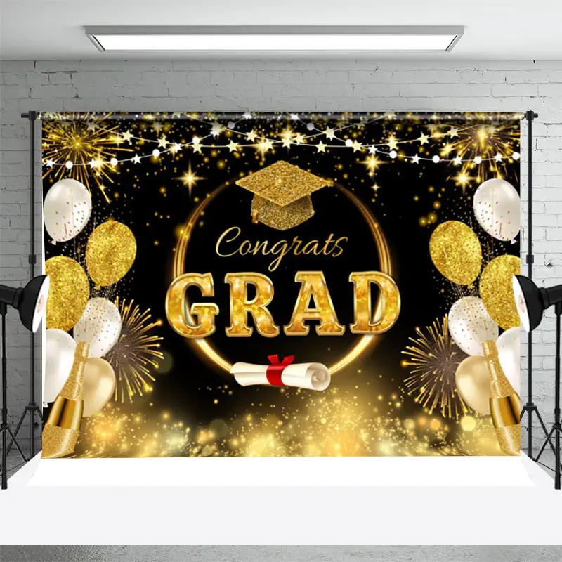 Black Gold Sparkle Champagne Graduation Backdrop - Aperturee