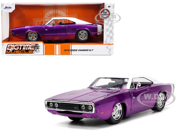 1970 Dodge Charger R/T Purple Metallic with White Top and Tail Stripe Bigtime Muscle Series 1/24 Diecast Model Car by Jada