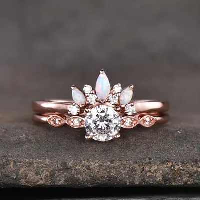 Art Deco Moissanite Engagement Ring Set And Opal Diamond Wedding Set