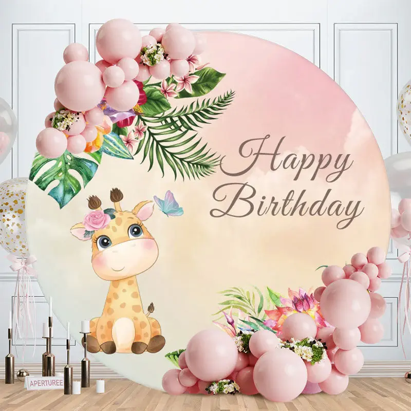 Aperturee Giraffe With Floral Round Happy Birthday Party Backdrop