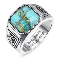Vintage Teal Turquoise Signet Ring for Men 925 Sterling Silver 11mm Square-Cut Mens Cocktail Rings Celtic Pattern Band