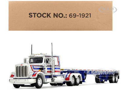 Peterbilt 359 with 36 Flat Top Sleeper and 48 Utility Flatbed Trailer White with Blue and Red Stripes Bicentennial Patriot 1/...