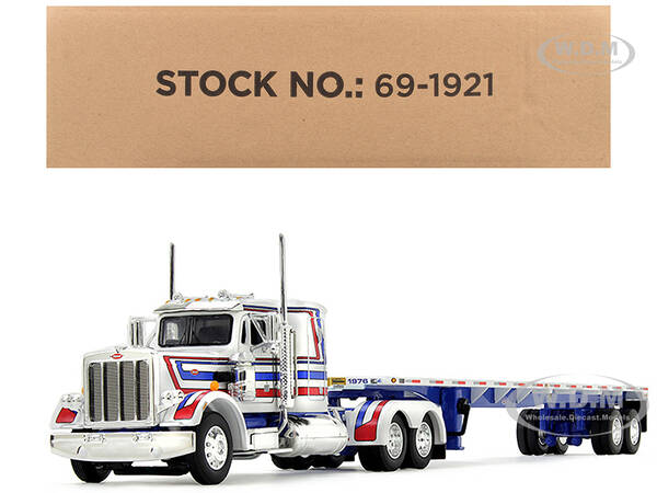 Peterbilt 359 with 36 Flat Top Sleeper and 48 Utility Flatbed Trailer White with Blue and Red Stripes Bicentennial Patriot 1/...
