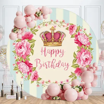 Aperturee Pink Floral Crown Round Happy Birthday Backdrop