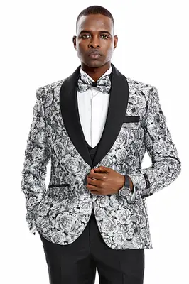 Silver Men's Slim Fit Paisley Floral Prom Tuxedo - One Button Vested