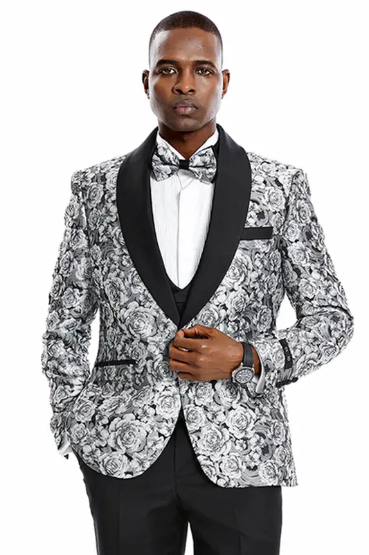 Silver Men's Slim Fit Paisley Floral Prom Tuxedo - One Button Vested