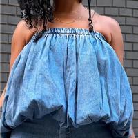 Women's Summer Elastic Waistband Balloon Hem Denim Tube Top - Sleeveless Ruffle Short Style, Breathable Non-Stretch Fabric, H...