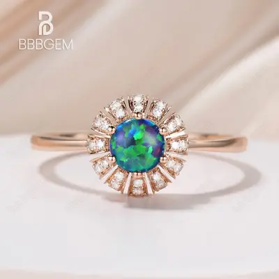 Unique Black Opal Diamond Engagement Ring Sun Flower 14K/18K Gold