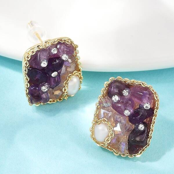 Rectangle Brass Natural Freshwater Pearl Stud Earrings