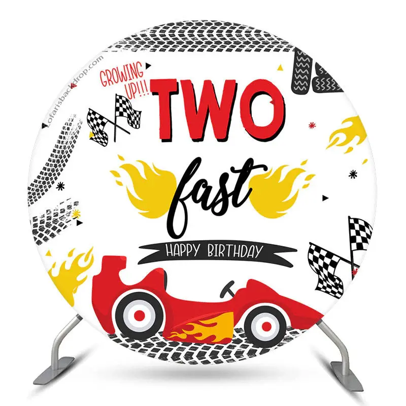 Aperturee Red Race Car Two Fast Round Birthday Party Backdrop | Happy Birthday Backdrop | Birthday Party Decorations | Name B...