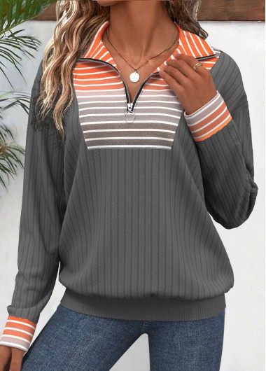 Modlily Orange Patchwork Striped Long Sleeve Turn Down Collar Sweatshirt - XXL