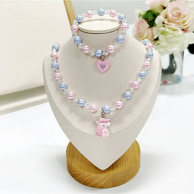 Plastic Beaded Pendant Necklace & Beaded Charm Bracelet