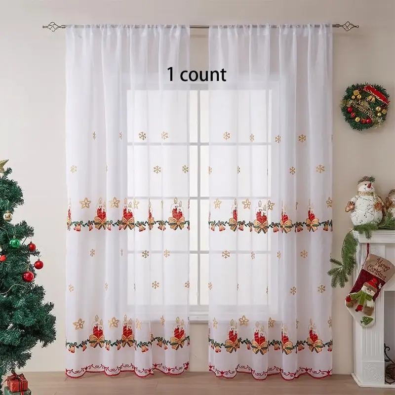 Christmas Themed Embroidery Curtain, 1 Count Exquisite Holiday Party Tree Pattern Curtain, Window Curtain for Home Living Roo...