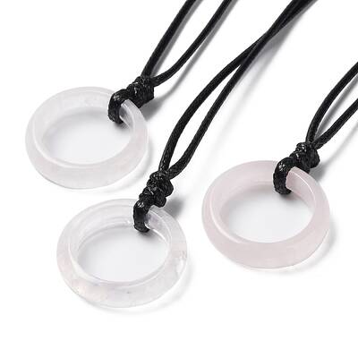 Natural Rose Quartz Ring Pendant Necklace with Waxed Cords