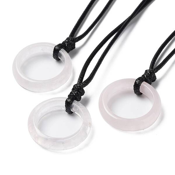 Natural Rose Quartz Ring Pendant Necklace with Waxed Cords