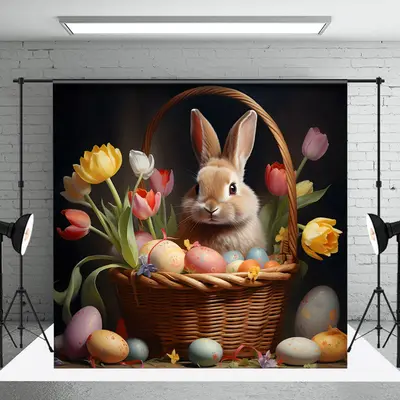 Colored Tulip Bunny Basket Easter Backdrop For Photo - Aperturee