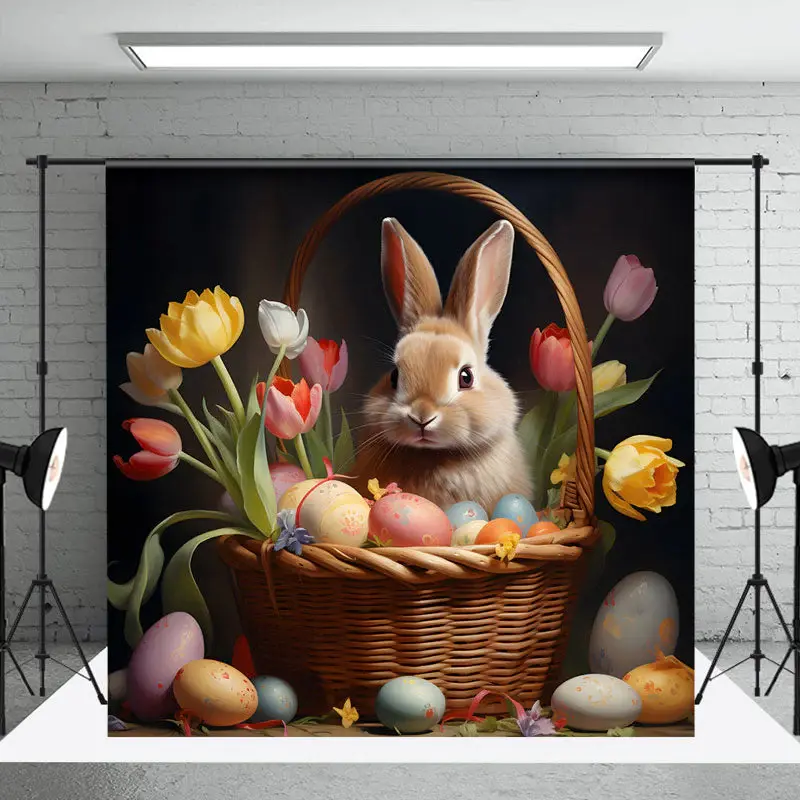 Colored Tulip Bunny Basket Easter Backdrop For Photo - Aperturee