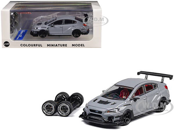 Subaru VAB WRX STI S4 WideBody Gray with Red Interior with Extra Wheels 1/64 Diecast Model Car by CM Model