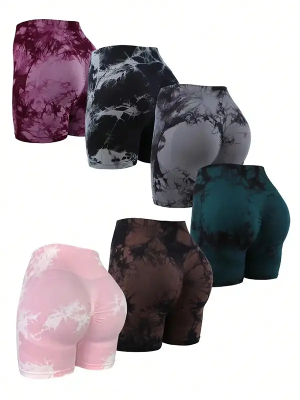 Women's 6pcs Tie Dye Print High Waist Sports Gym Shorts, Sporty Casual Breathable Comfortable Skinny Shorts, Ladies Sportswe...