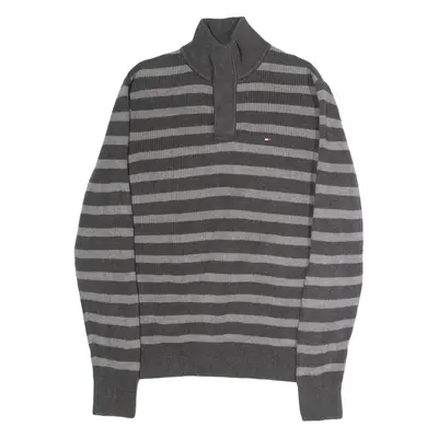 TOMMY HILFIGER Mens Patterned Jumper Grey Striped Button Neck Tight Knit M