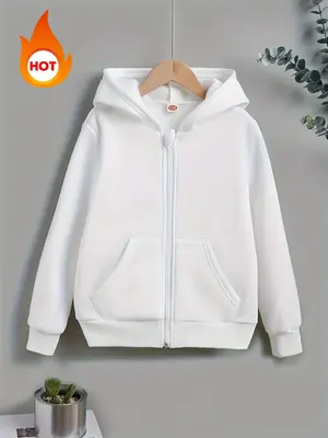 Boy's Thermal Lined Solid Zip Up Drop Shoulder Hoodie, Comfortable and Warm Casual Long Sleeve Hooded Sweatshirt for Fall & W...