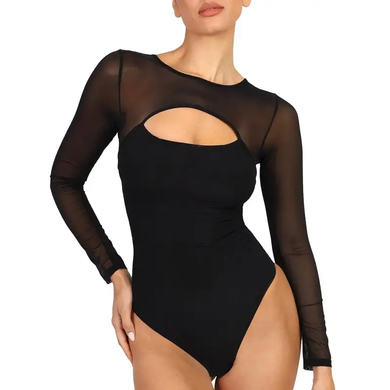 FeelinGirl Mesh Long Sleeve Shapewear Bodysuit Soft Womenswear Breathable Valentine's Day Fabric Simple